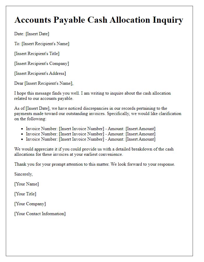 Letter template of accounts payable cash allocation inquiry