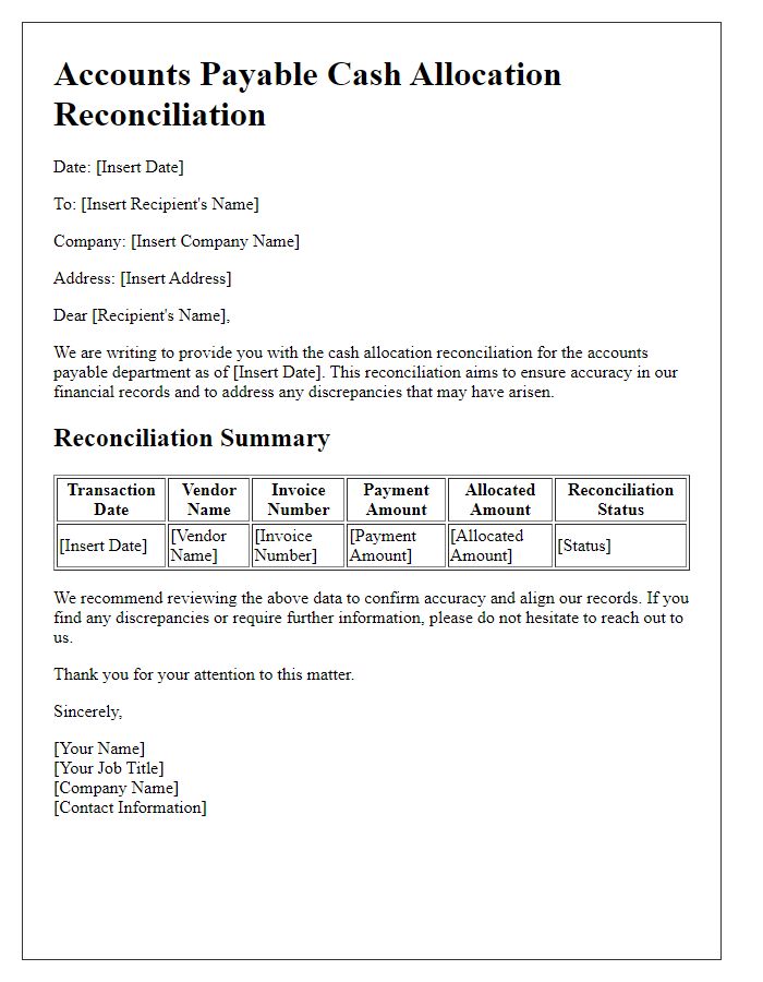 Letter template of accounts payable cash allocation reconciliation