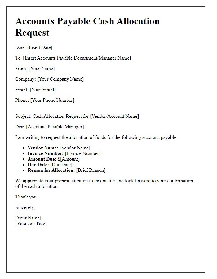 Letter template of accounts payable cash allocation request