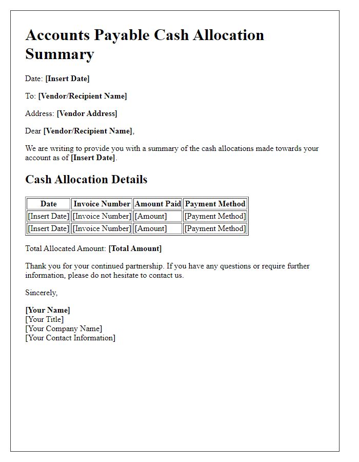 Letter template of accounts payable cash allocation summary