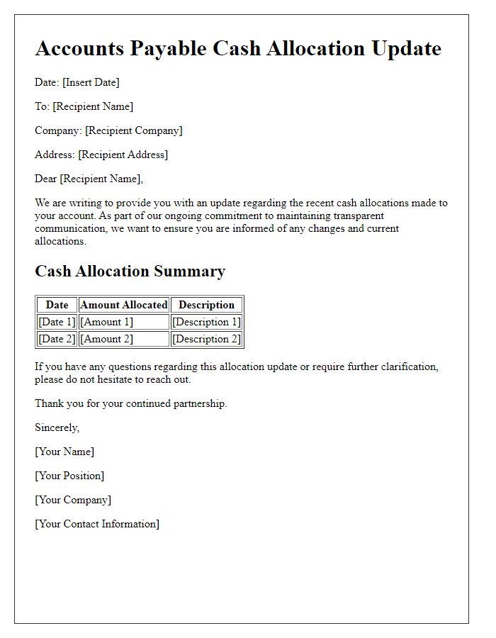 Letter template of accounts payable cash allocation update