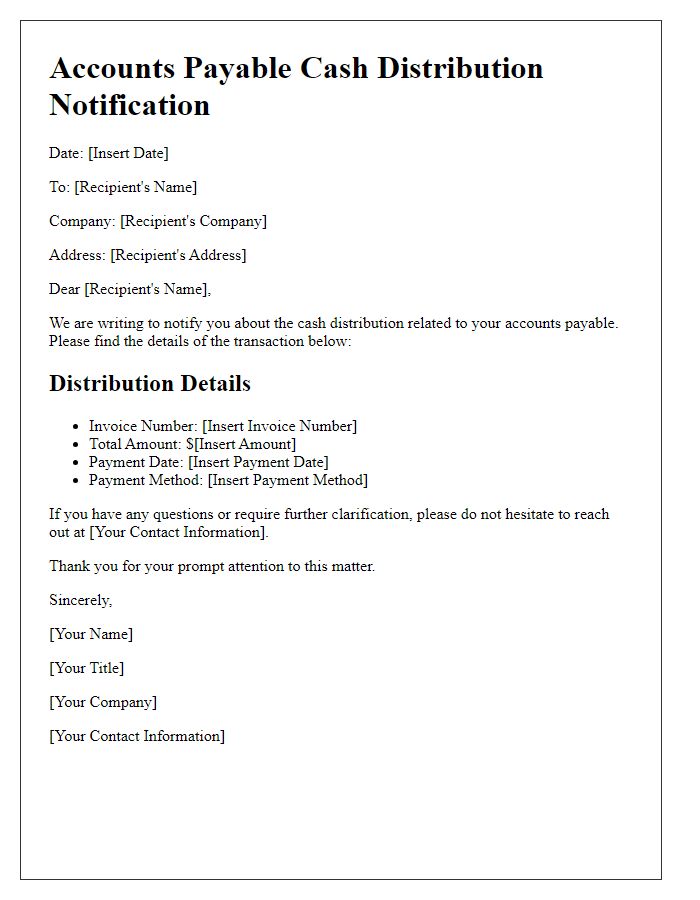 Letter template of accounts payable cash distribution notification