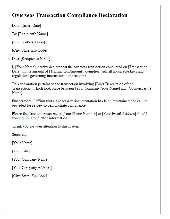 Letter template of overseas transaction compliance declaration