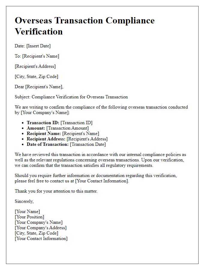 Letter template of overseas transaction compliance verification