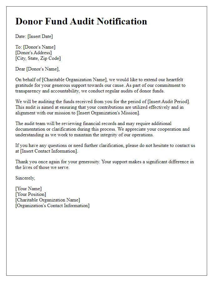 Letter template of donor fund audit for charitable organization