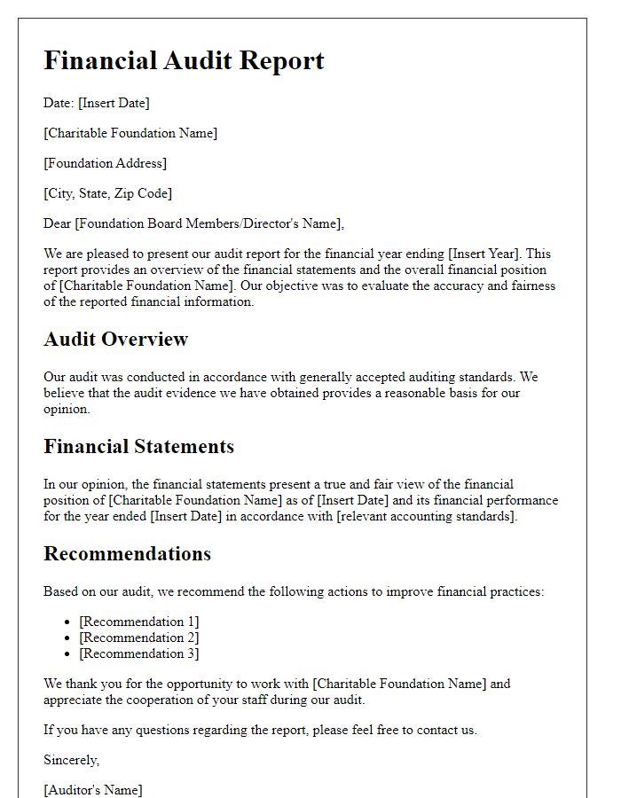 Letter template of financial audit for charitable foundation