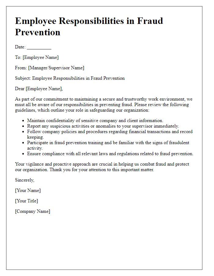 Letter template of employee responsibilities in fraud prevention.