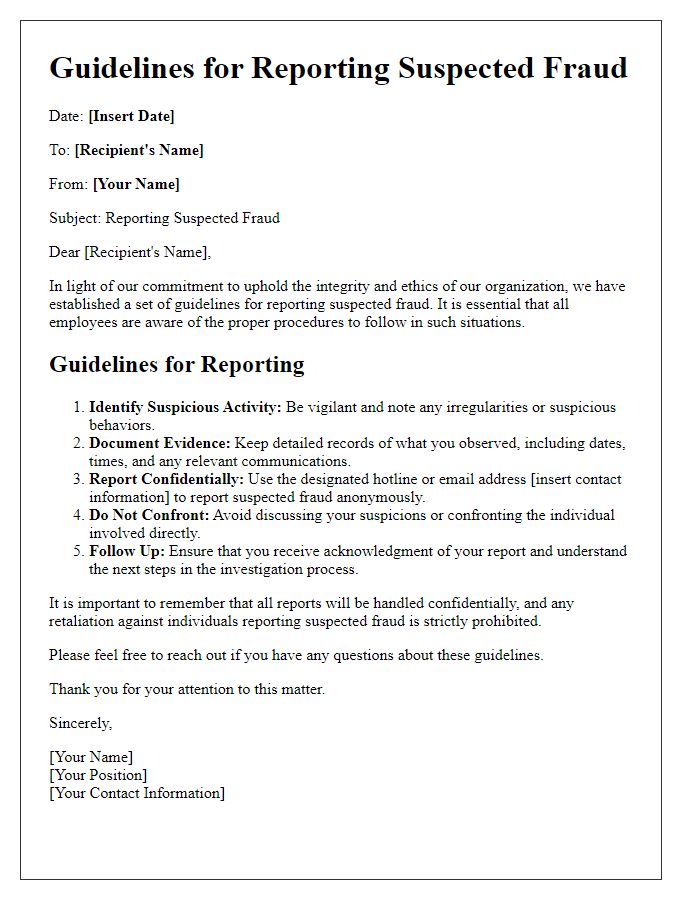 Letter template of guidelines for reporting suspected fraud.