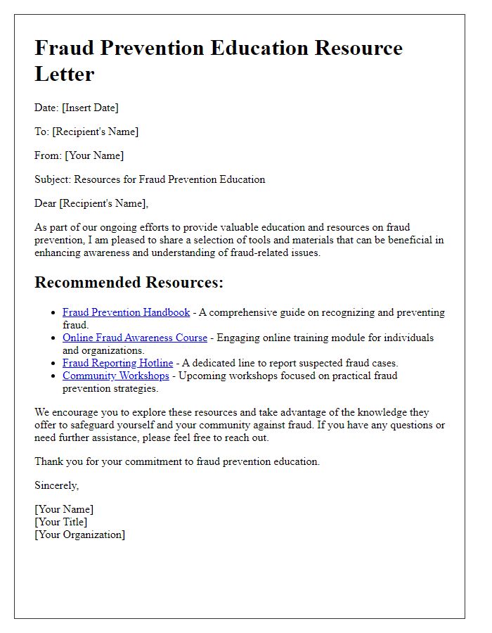 Letter template of resources for fraud prevention education.