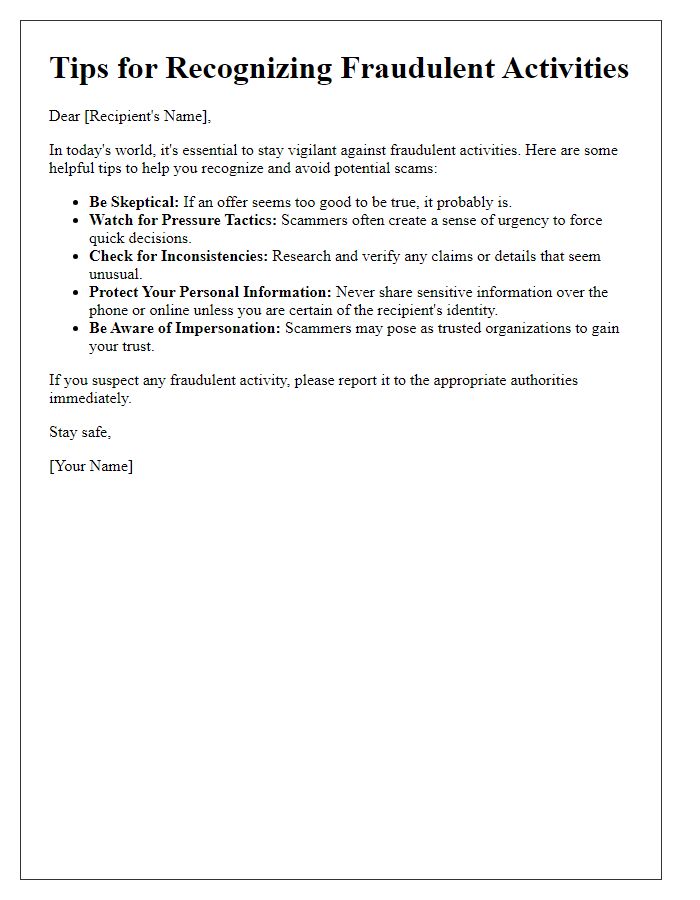 Letter template of tips for recognizing fraudulent activities.