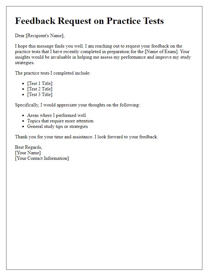 Letter template of feedback request on practice tests for competitive exam preparation