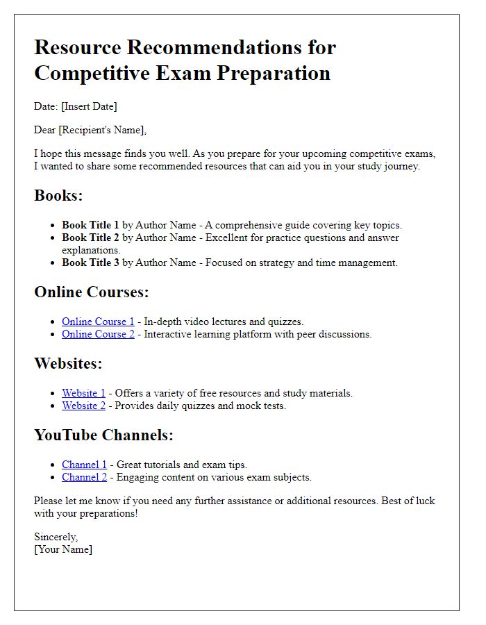 Letter template of resource recommendations for competitive exam preparation