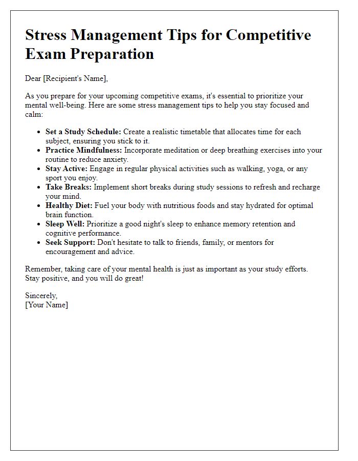 Letter template of stress management tips for competitive exam preparation