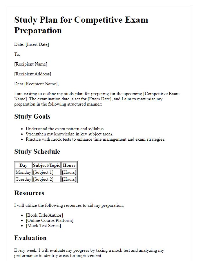 Letter template of study plan for competitive exam preparation