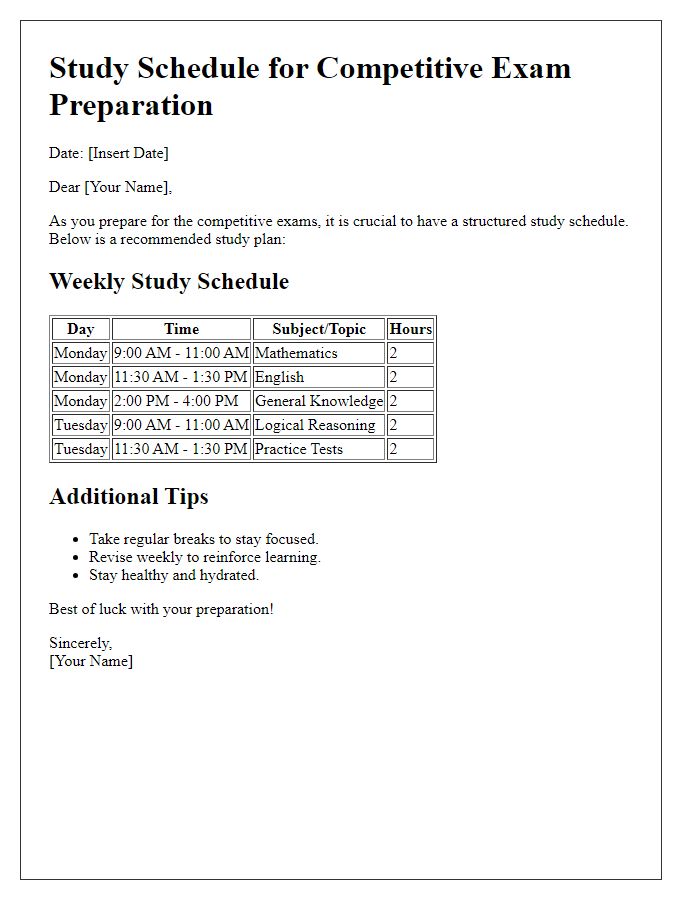 Letter template of study schedule for competitive exam preparation