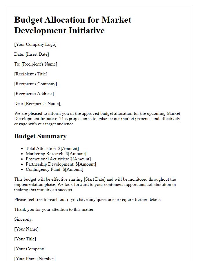 Letter template of budget allocation for market development initiative