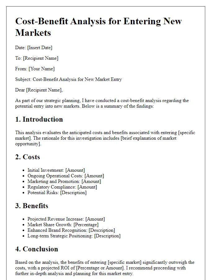 Letter template of cost-benefit analysis for entering new markets