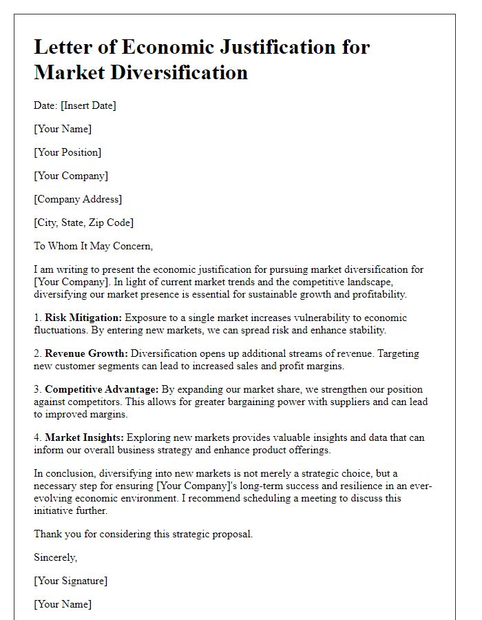 Letter template of economic justification for market diversification