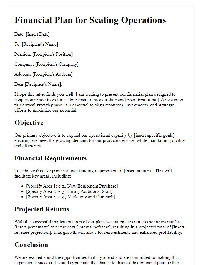 Letter template of financial plan for scaling operations