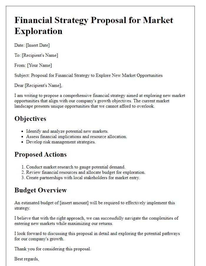 Letter template of financial strategy proposal for market exploration