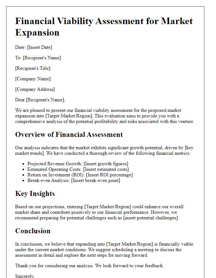 Letter template of financial viability assessment for market expansion