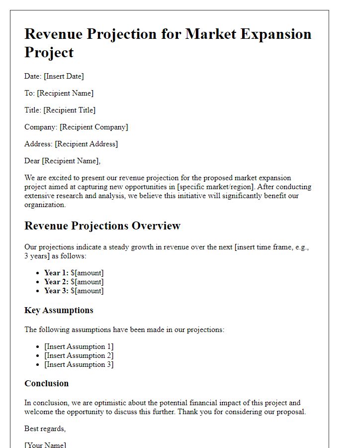 Letter template of revenue projection for market expansion project