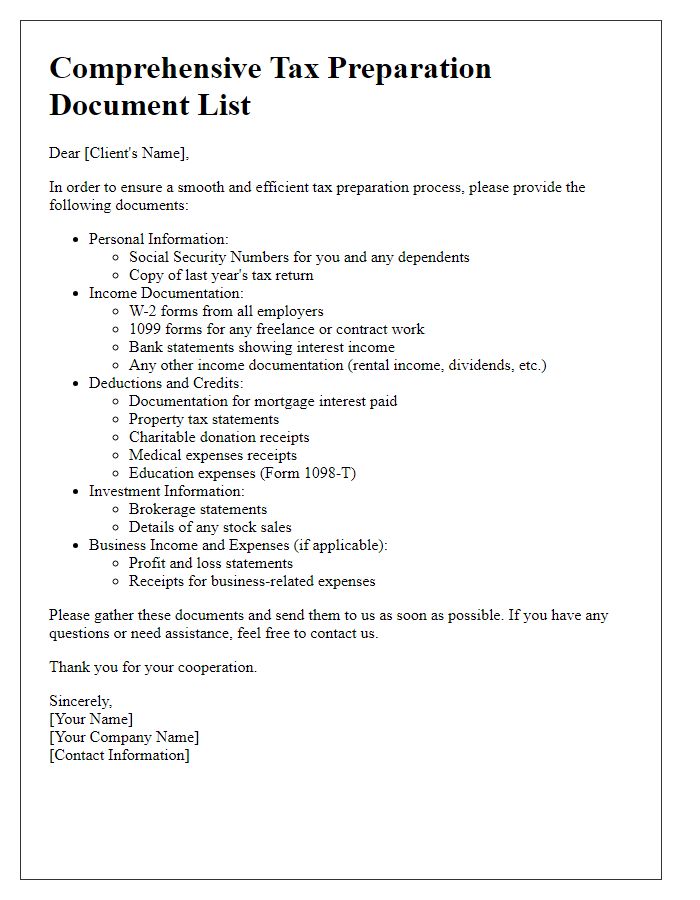 Letter template of comprehensive tax preparation document list