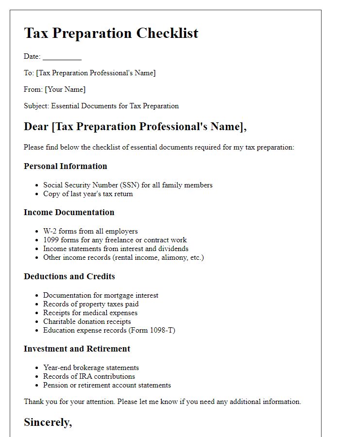 Letter template of essential documents for tax preparation checklist