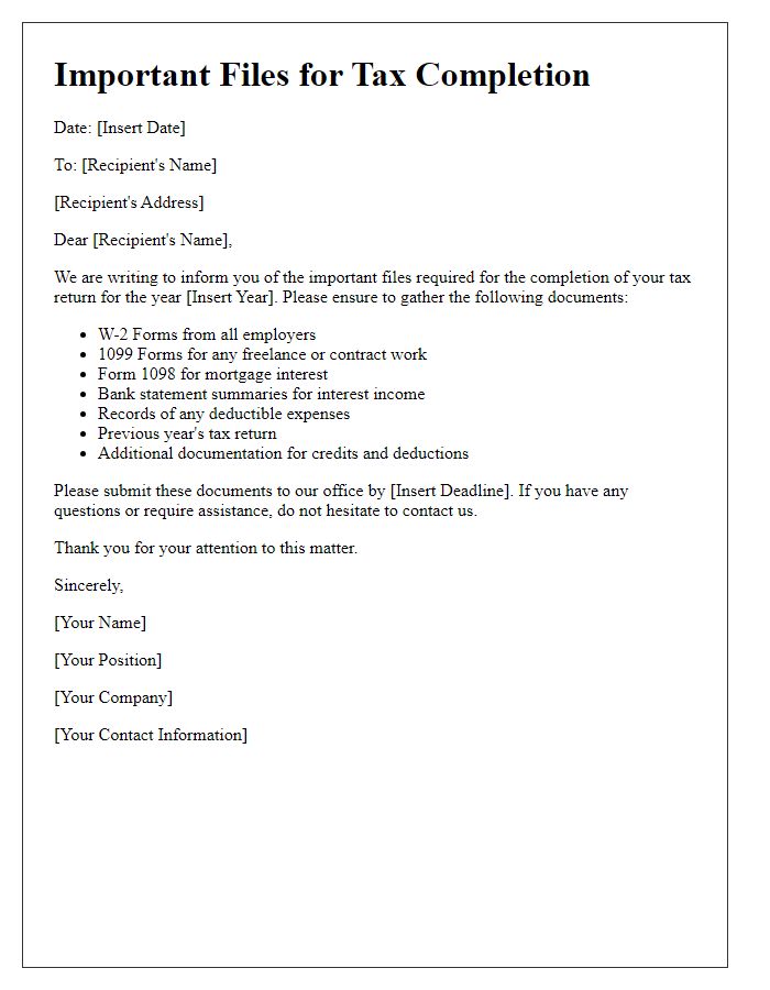 Letter template of important files for tax completion