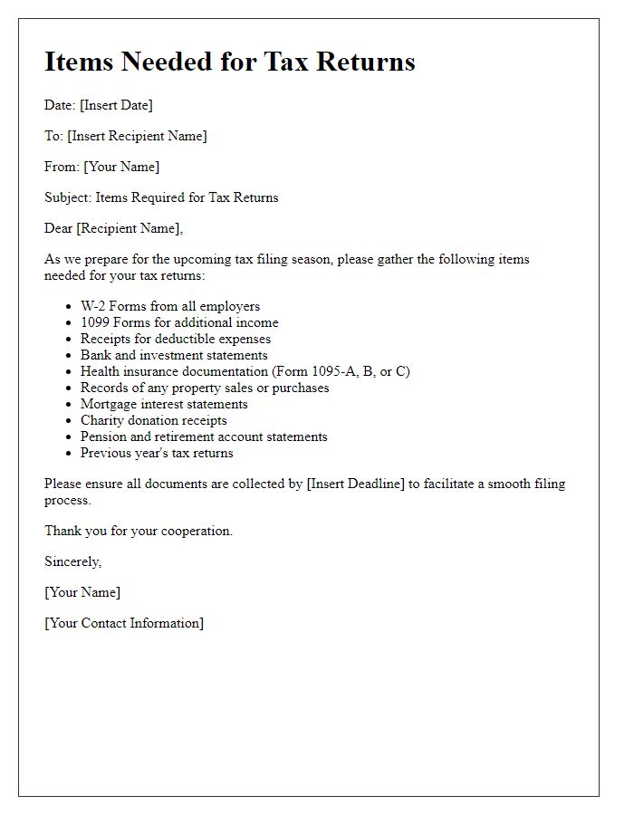 Letter template of items needed for tax returns