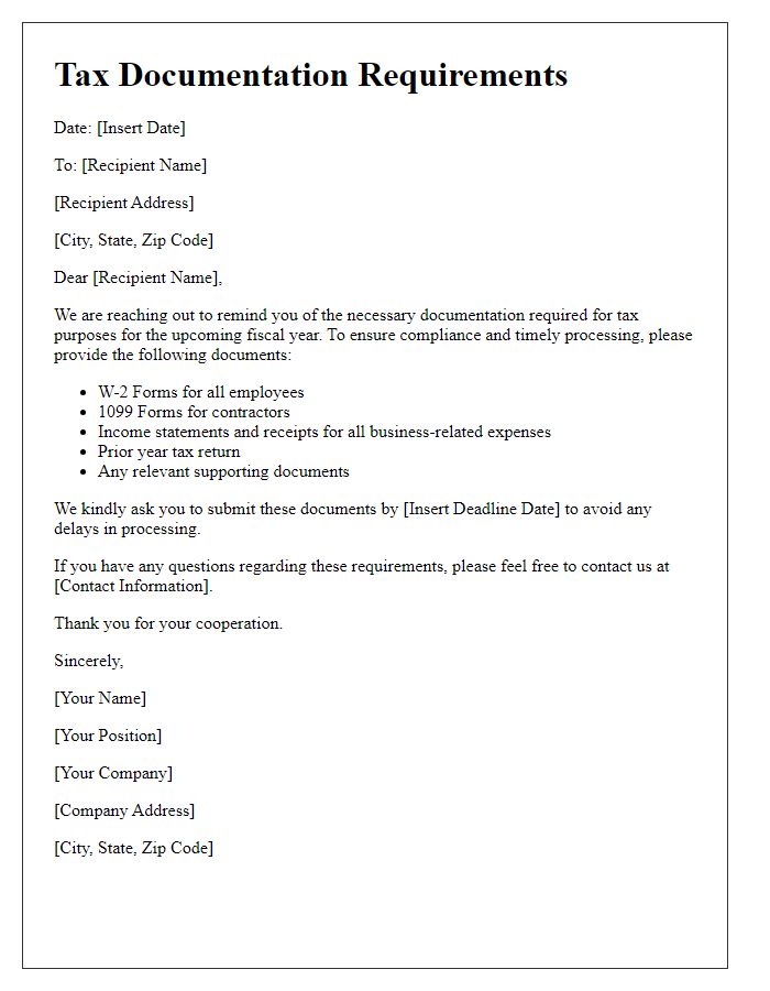 Letter template of tax documentation requirements