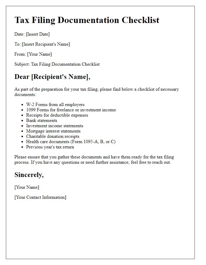 Letter template of tax filing documentation checklist