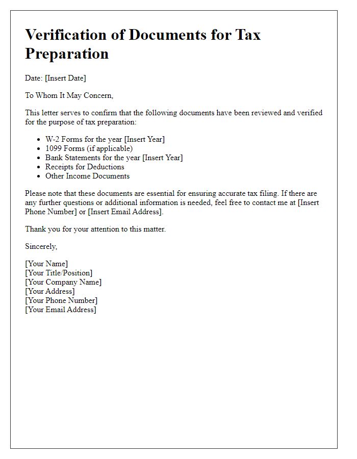 Letter template of verification documents for tax preparation