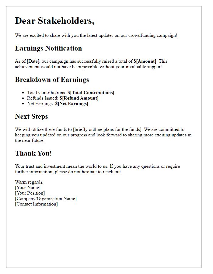 Letter template of crowdfunding earnings notification for stakeholders