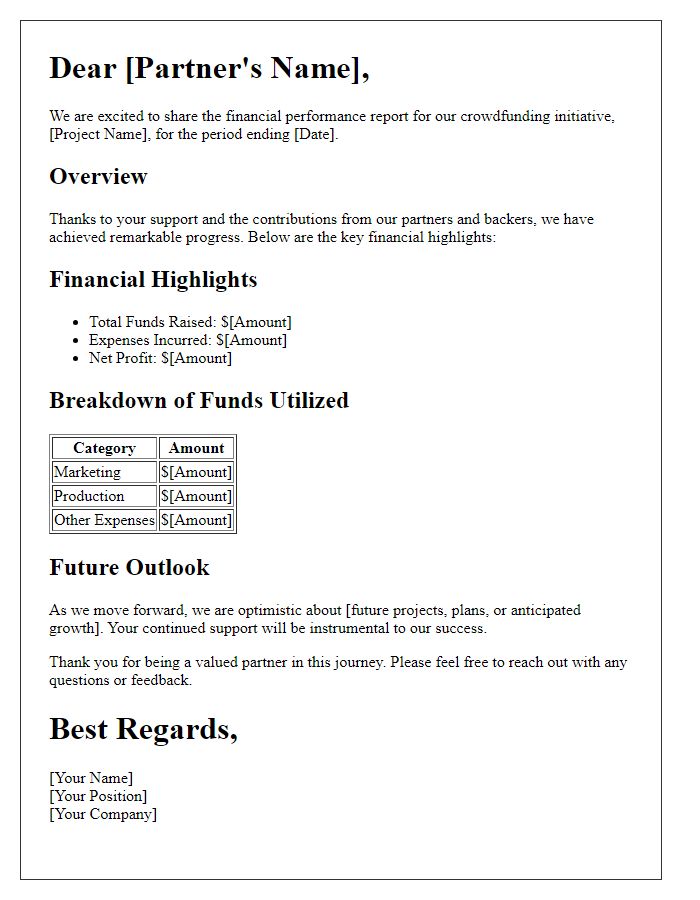 Letter template of crowdfunding financial performance report for partners