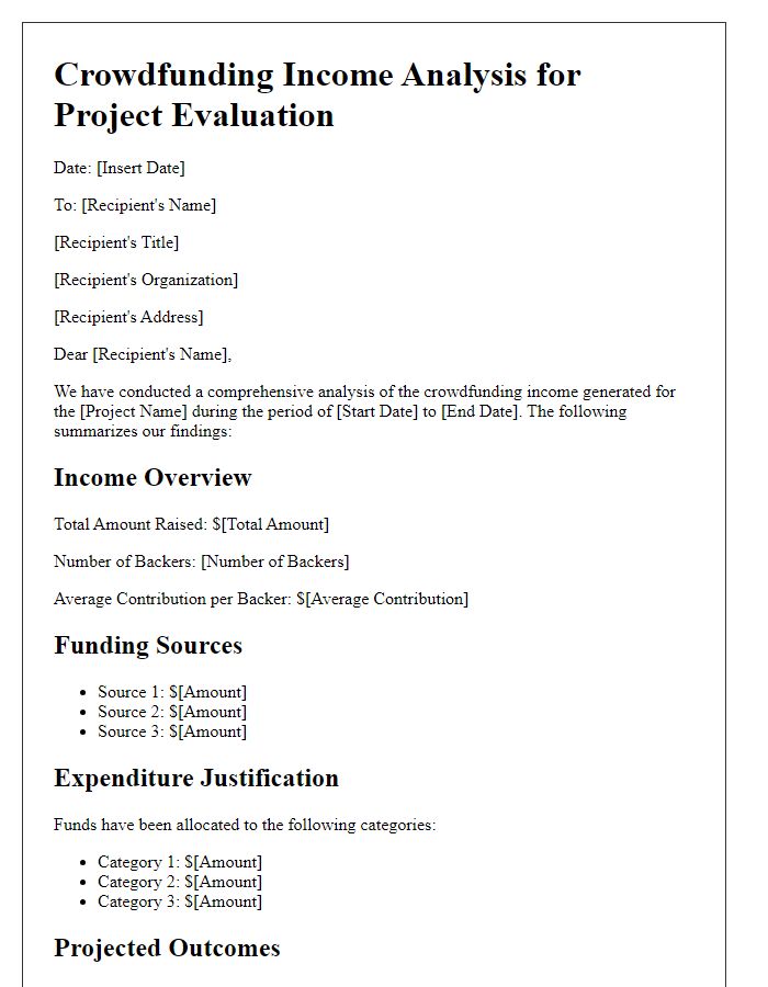 Letter template of crowdfunding income analysis for project evaluation