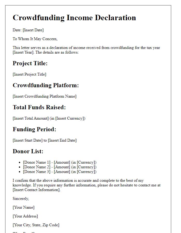 Letter template of crowdfunding income declaration for tax purposes