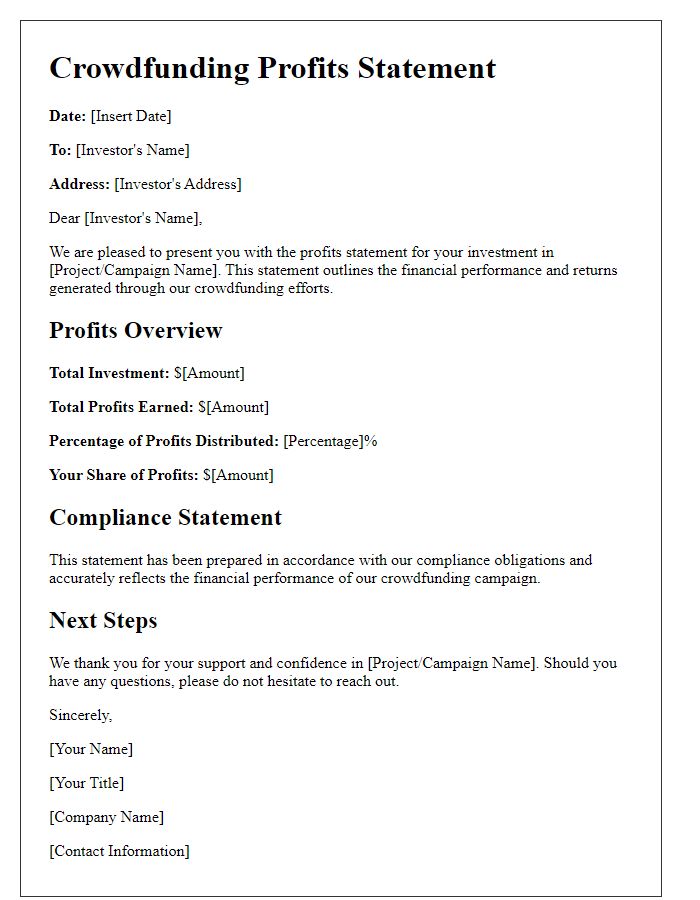 Letter template of crowdfunding profits statement for compliance