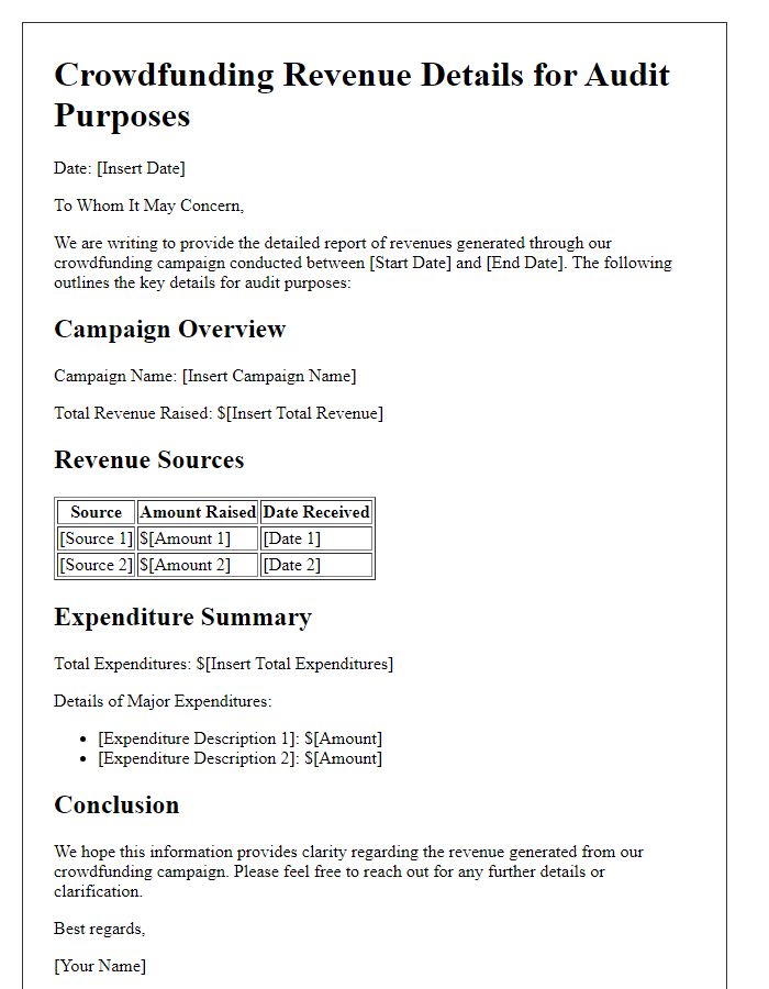 Letter template of crowdfunding revenue details for audit purposes