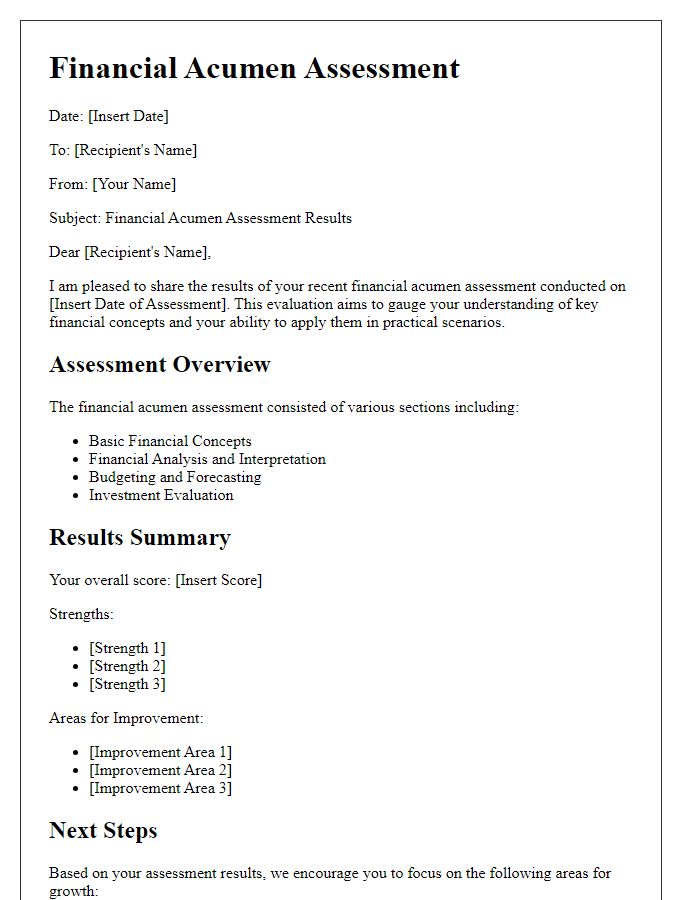 Letter template of financial acumen assessment