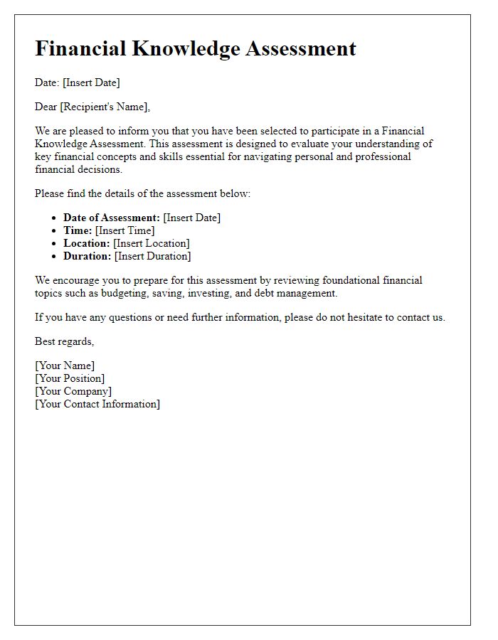 Letter template of financial knowledge assessment