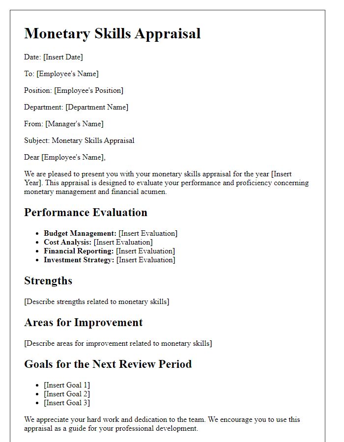 Letter template of monetary skills appraisal