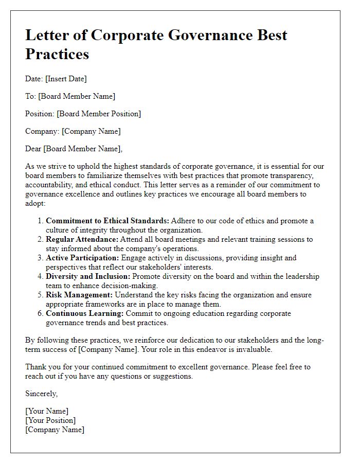 Letter template of corporate governance best practices for board members