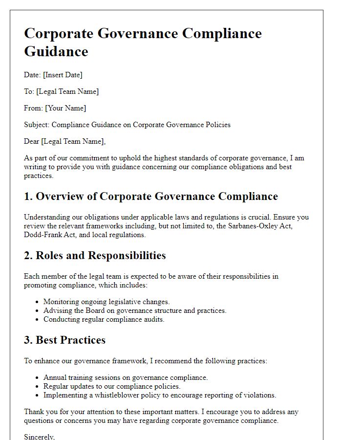 Letter template of corporate governance compliance guidance for legal teams