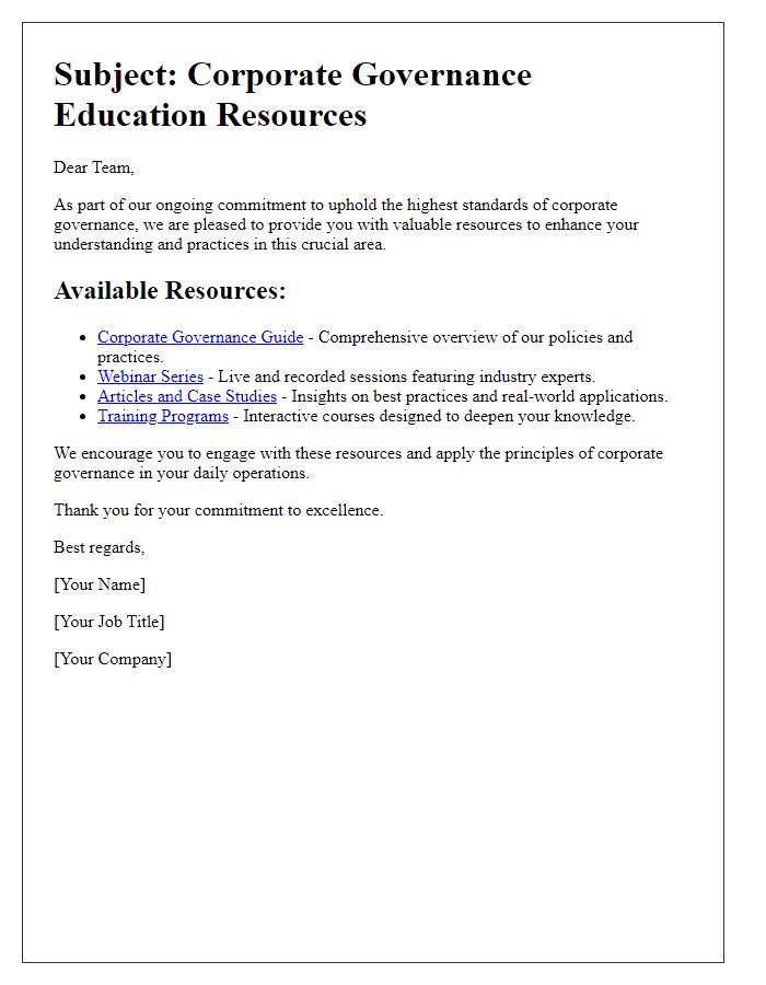 Letter template of corporate governance education resources for staff