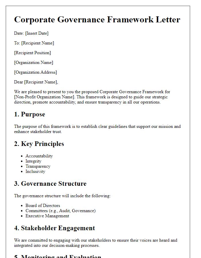 Letter template of corporate governance frameworks for non-profit organizations