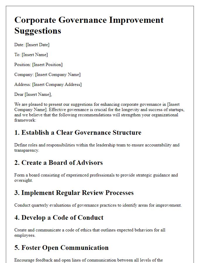 Letter template of corporate governance improvement suggestions for startups