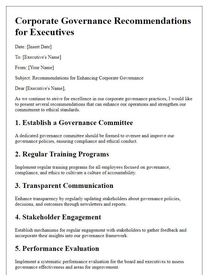 Letter template of corporate governance recommendations for executives