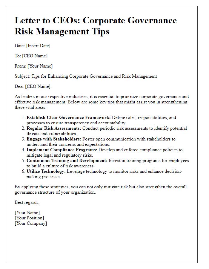 Letter template of corporate governance risk management tips for CEOs