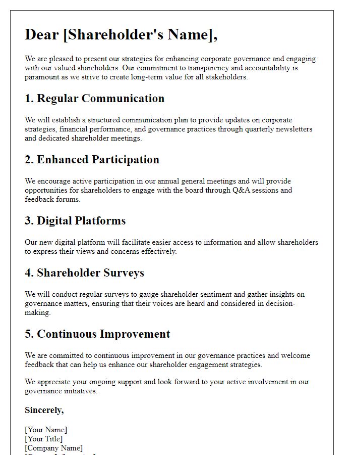 Letter template of corporate governance strategies for shareholder engagement